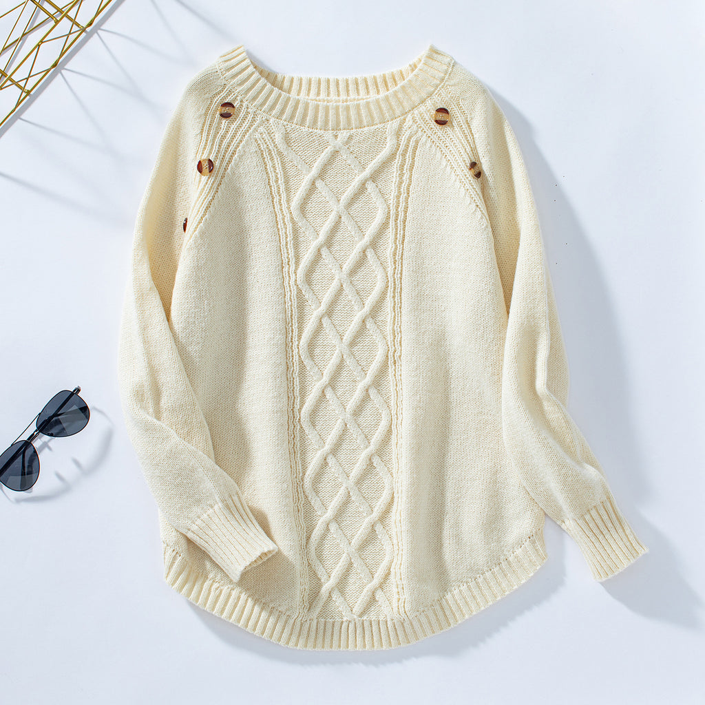 Cable Panel Button Shoulder Crewneck Sweater - Khaki