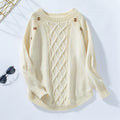 Cable Panel Button Shoulder Crewneck Sweater - Khaki