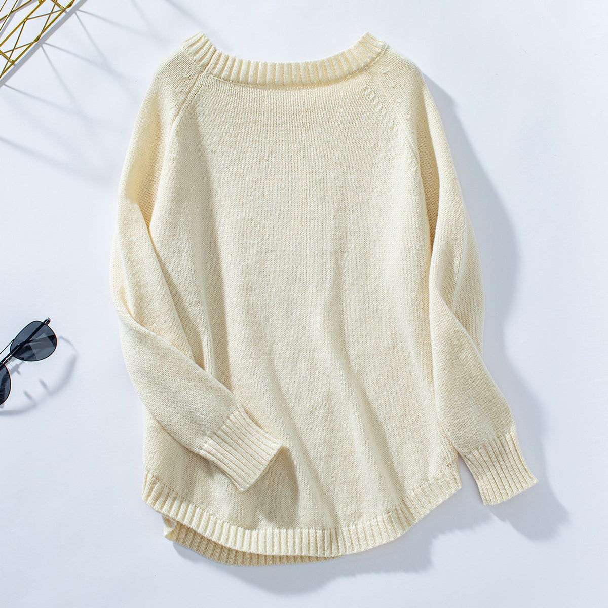 Cable Panel Button Shoulder Crewneck Sweater - Khaki - 1