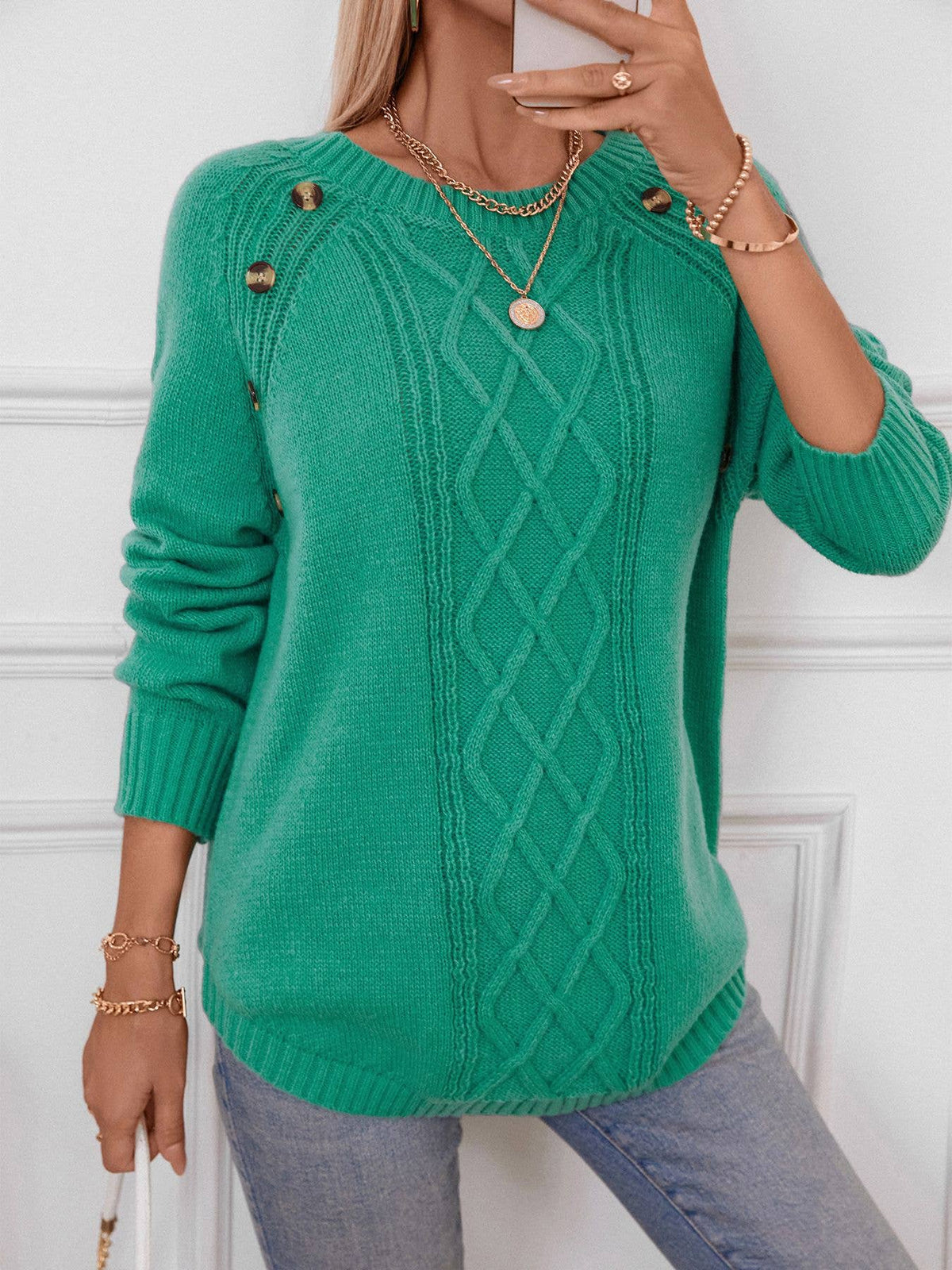 Cable Panel Button Shoulder Crewneck Sweater