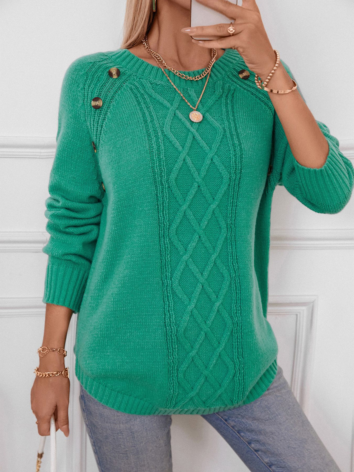 Cable Panel Button Shoulder Crewneck Sweater - view 1