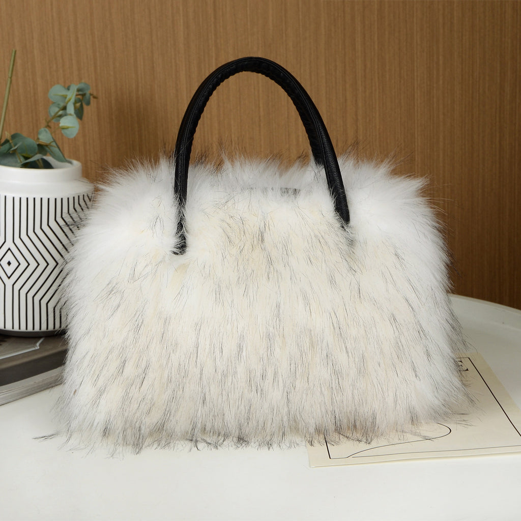 Shaggy Faux Fur Top Handle Bag - BWhite