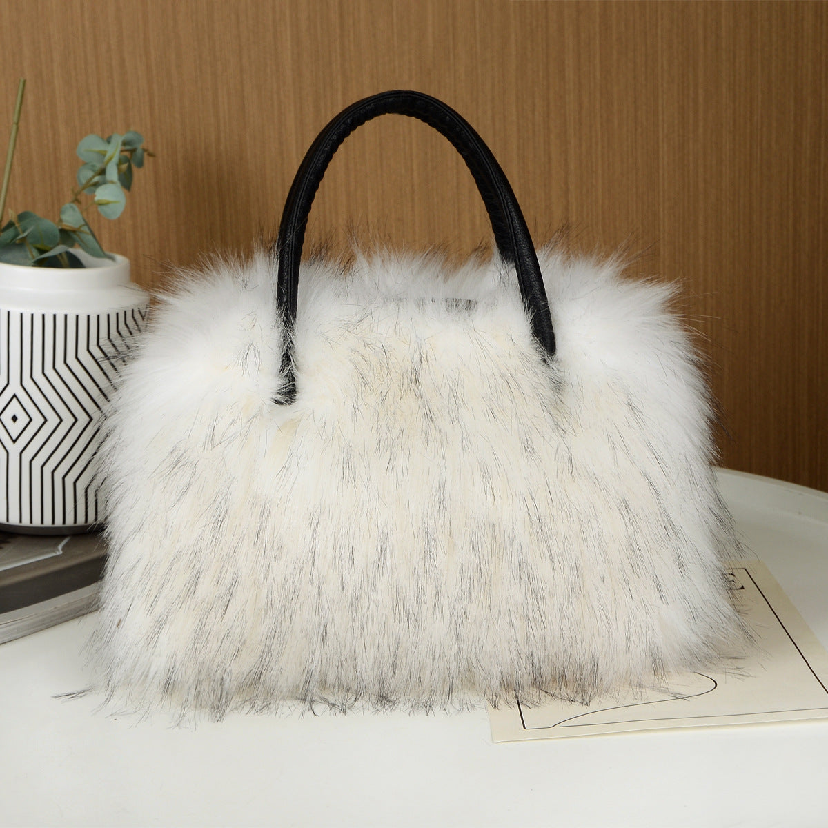 Shaggy Faux Fur Top Handle Bag - BWhite