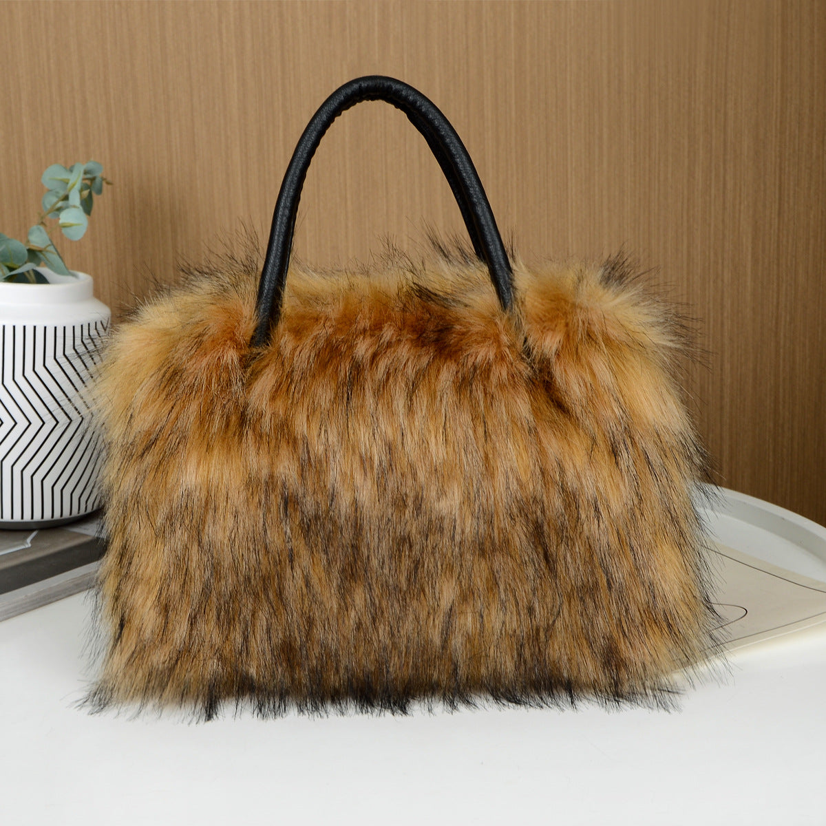 Shaggy Faux Fur Top Handle Bag - Brown - 1