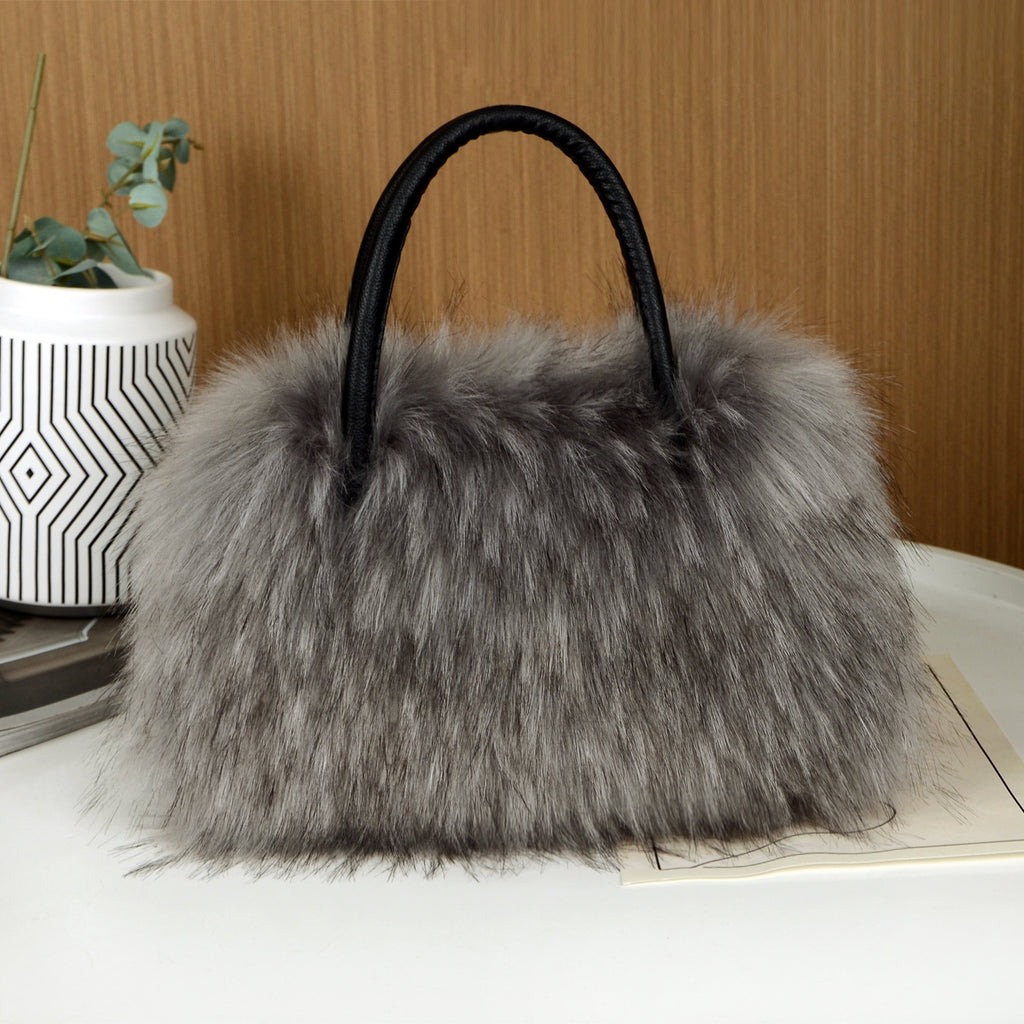 Shaggy Faux Fur Top Handle Bag - Grey - 1