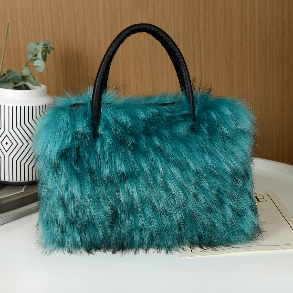 Shaggy Faux Fur Top Handle Bag - LakeBlue - 1