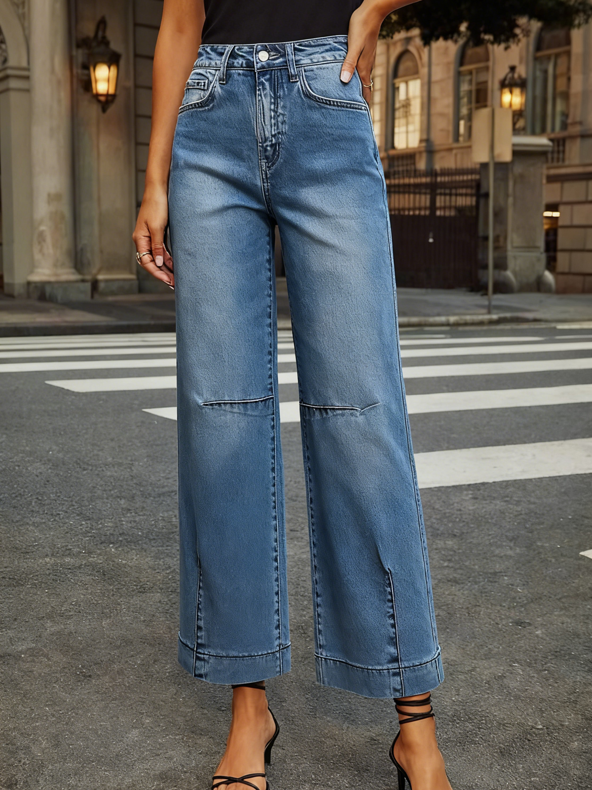 High Waist Cropped Wide Leg Jeans - Blue