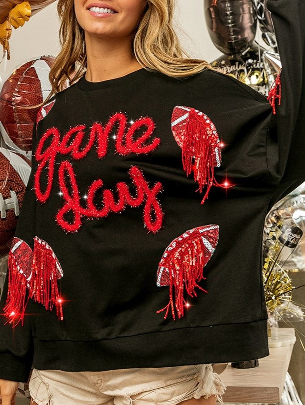 Sequin Football Fringe Graphic Sweatshirt - Black - 2