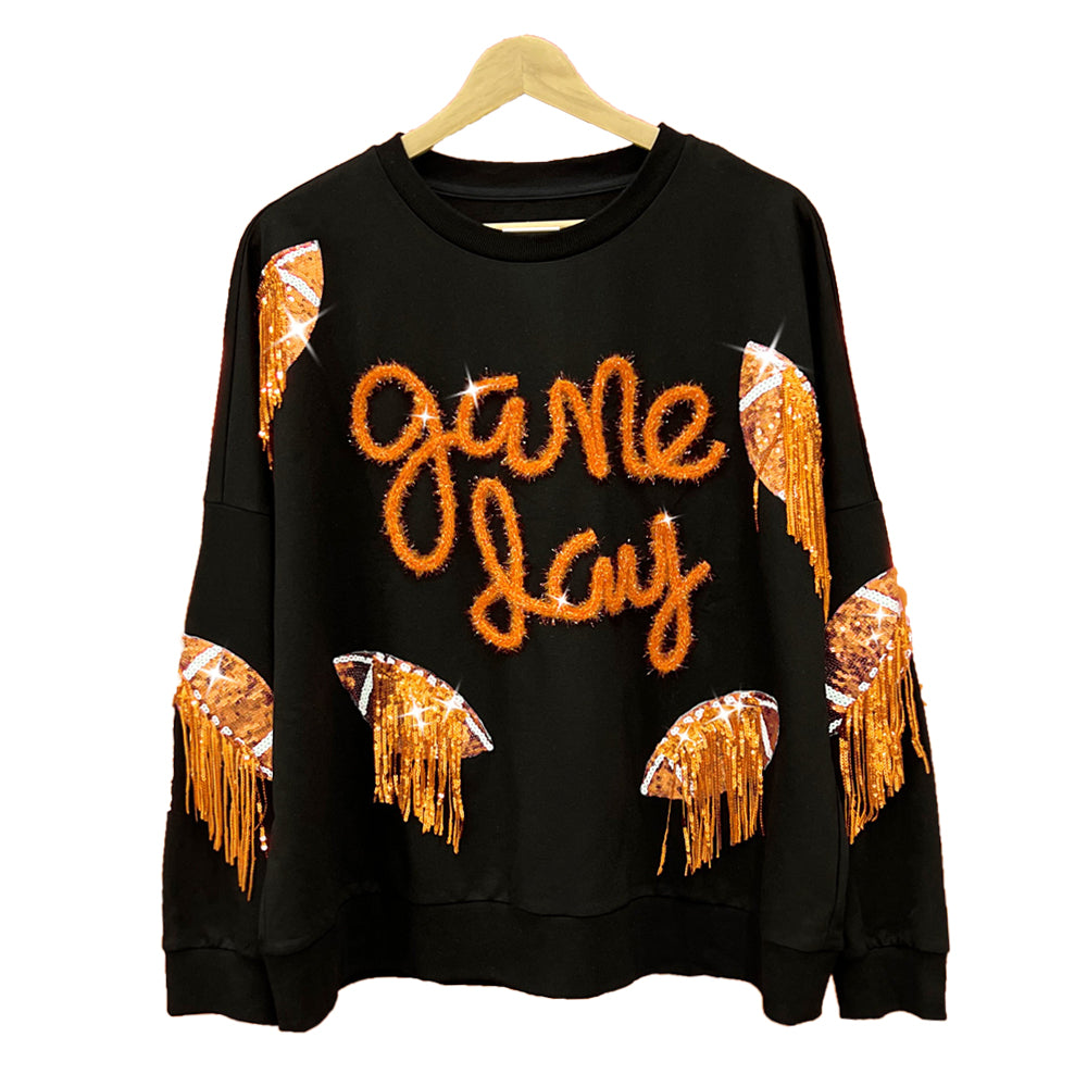 Sequin Football Fringe Graphic Sweatshirt - Yellow