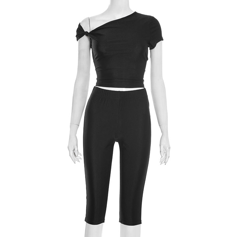 Asymmetric One Shoulder Top And Pant Set - Black - 1