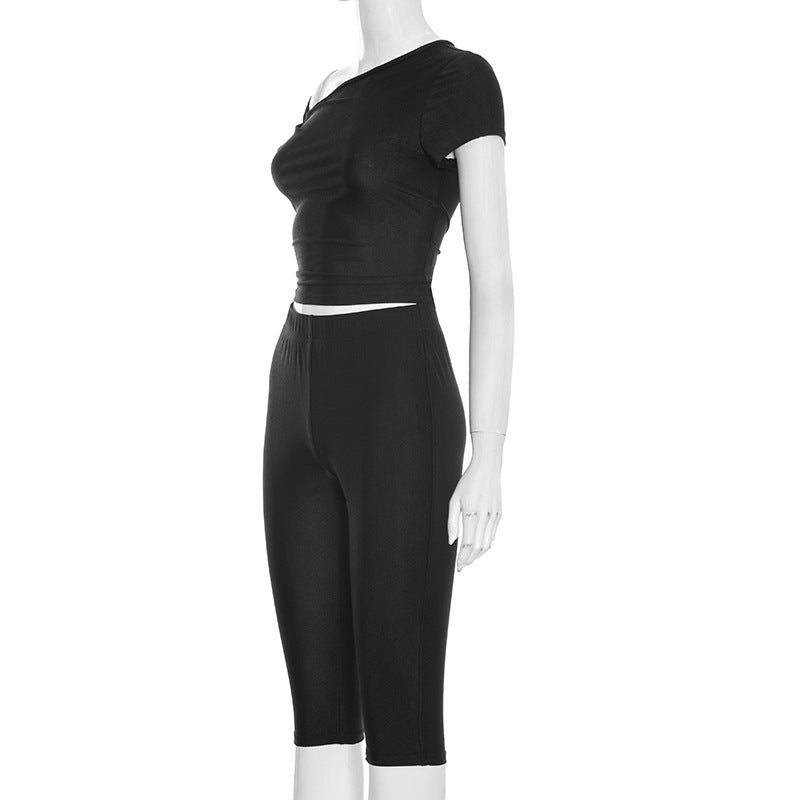 Asymmetric One Shoulder Top And Pant Set - Black - 2