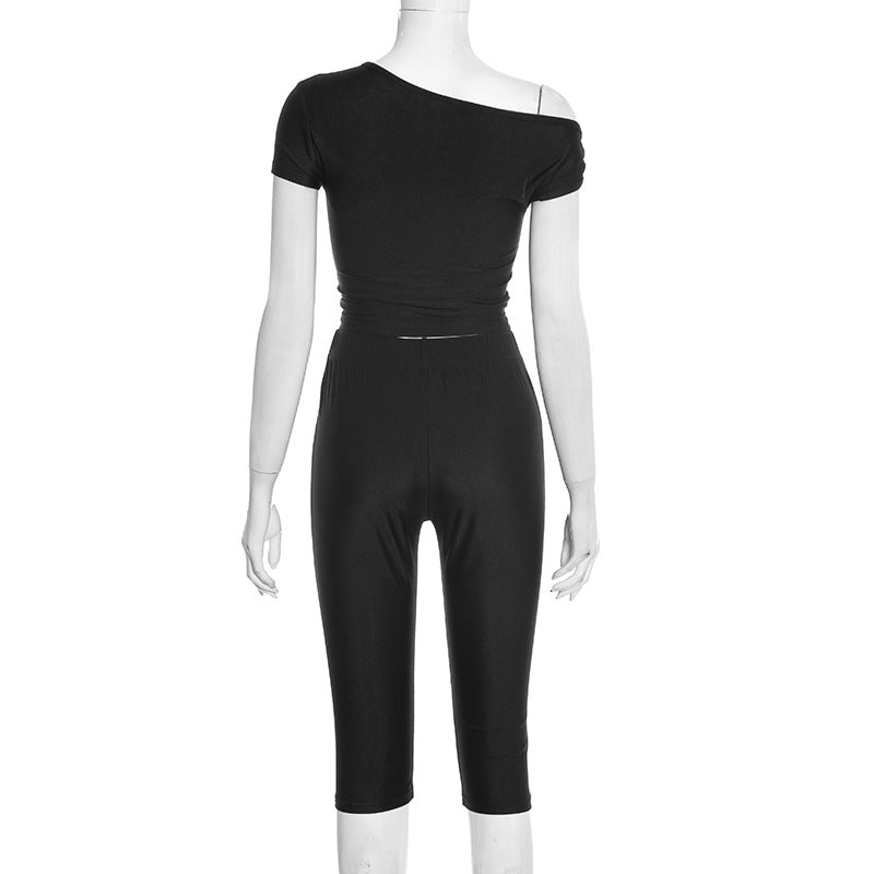 Asymmetric One Shoulder Top And Pant Set - Black - 3
