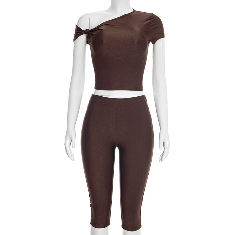 Asymmetric One Shoulder Top And Pant Set - Brown