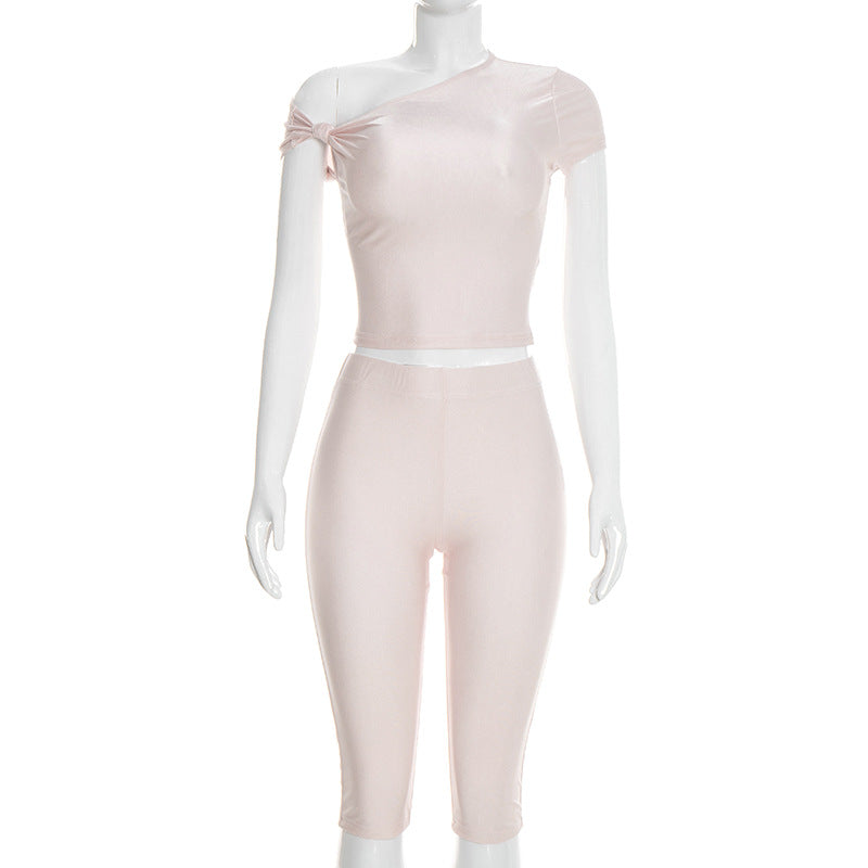 Asymmetric One Shoulder Top And Pant Set - Pink
