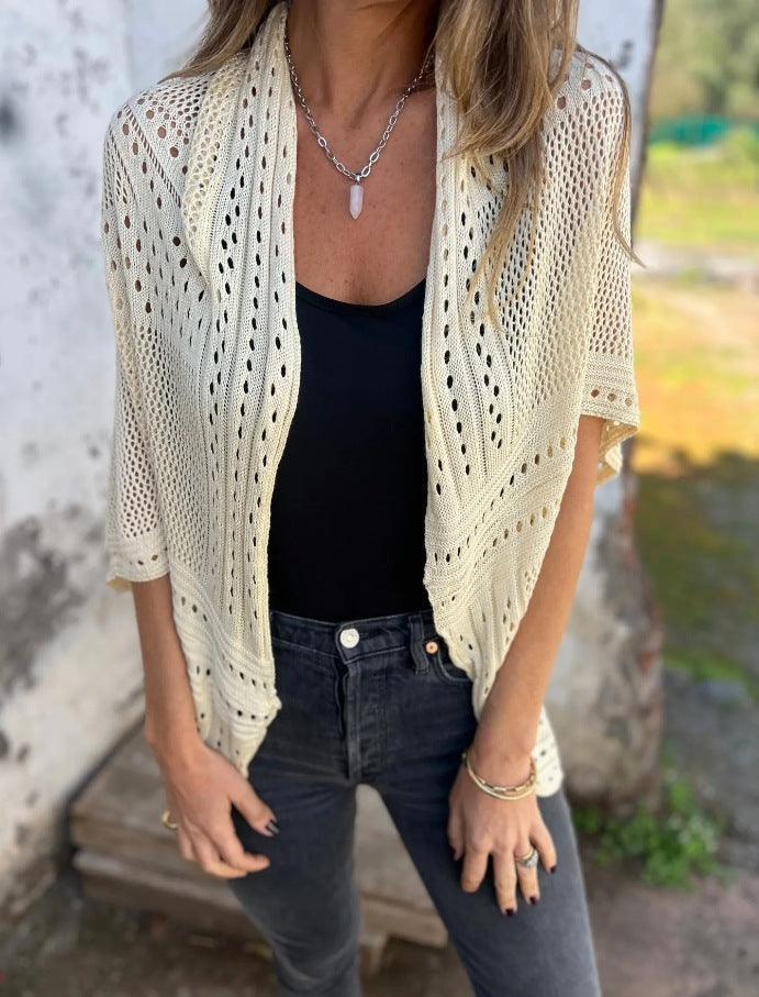 Crochet Eyelet Open Front Kimono Cardigan - beige