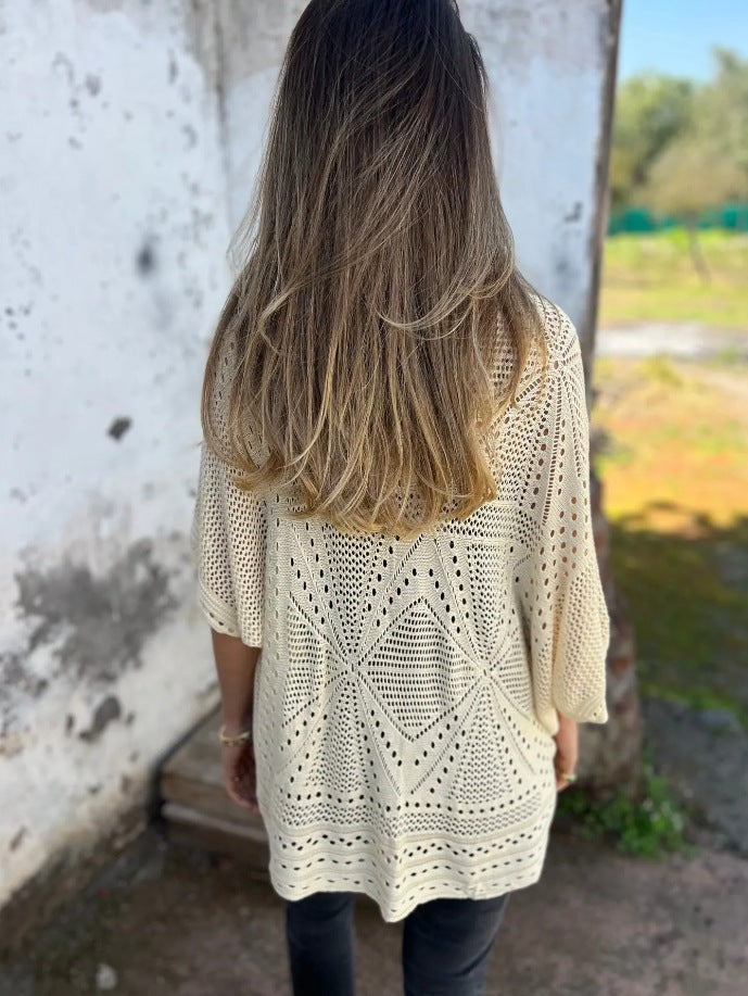 Crochet Eyelet Open Front Kimono Cardigan - beige - 1