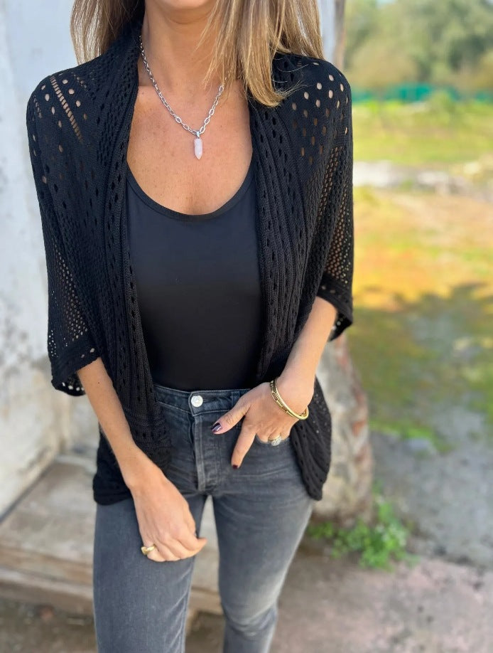 Crochet Eyelet Open Front Kimono Cardigan - black