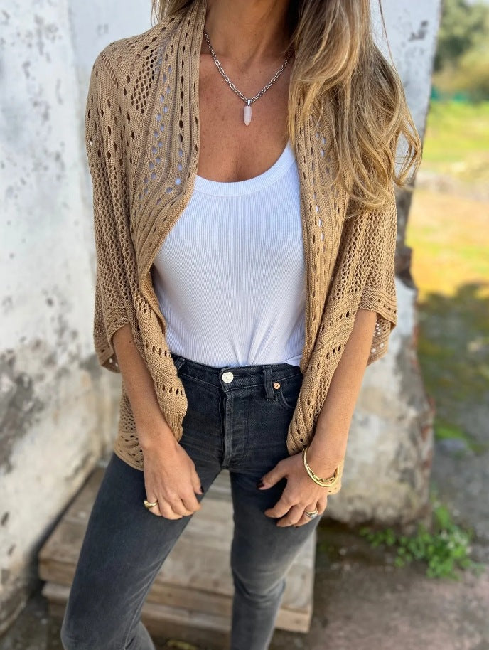 Crochet Eyelet Open Front Kimono Cardigan - caramel