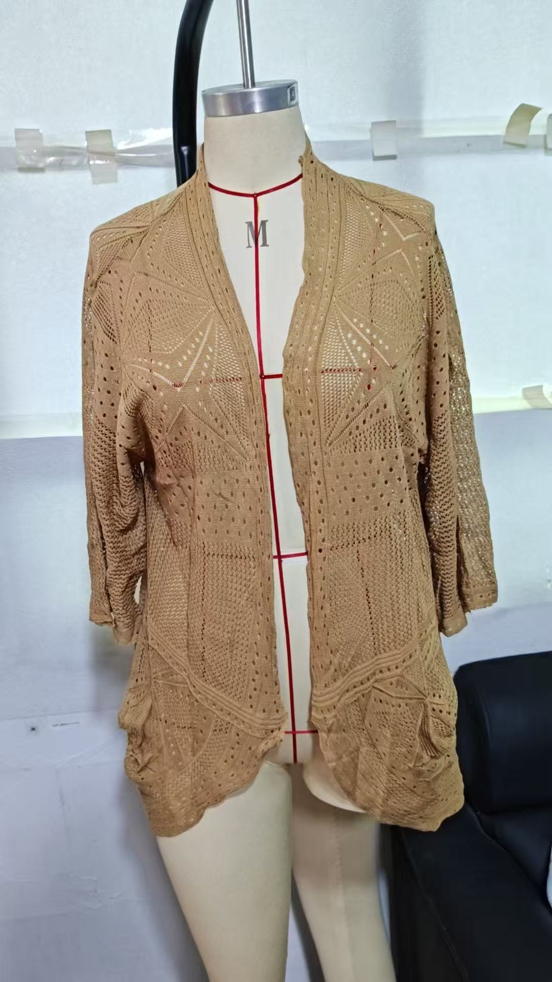 Crochet Eyelet Open Front Kimono Cardigan - caramel - 1