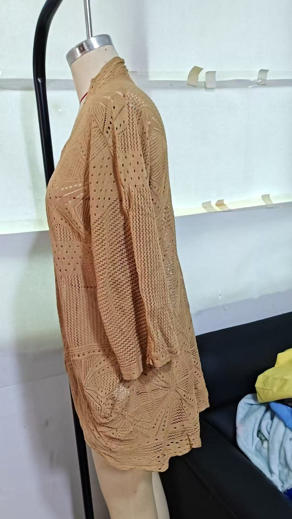 Crochet Eyelet Open Front Kimono Cardigan - caramel - 2