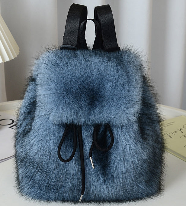 Fluffy Faux Fur Mini Flap Backpack - Blue