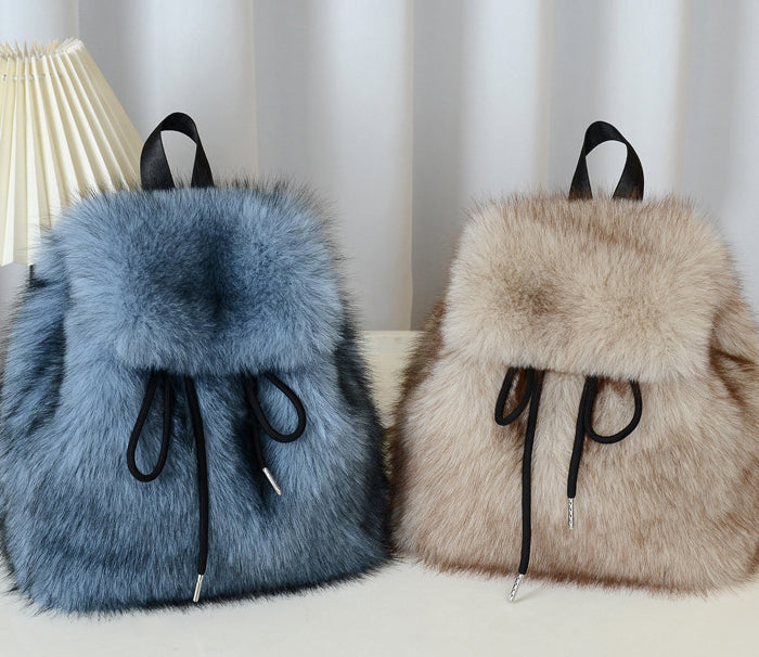 Fluffy Faux Fur Mini Flap Backpack - Blue - 1