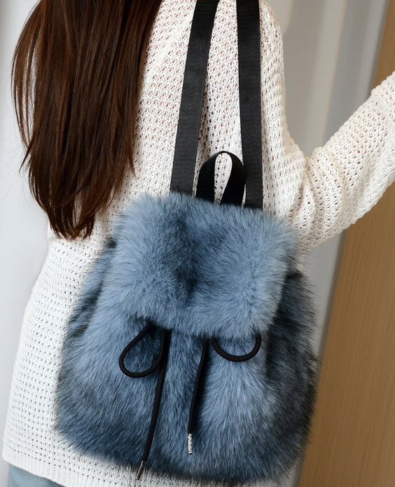 Fluffy Faux Fur Mini Flap Backpack - Blue - 2