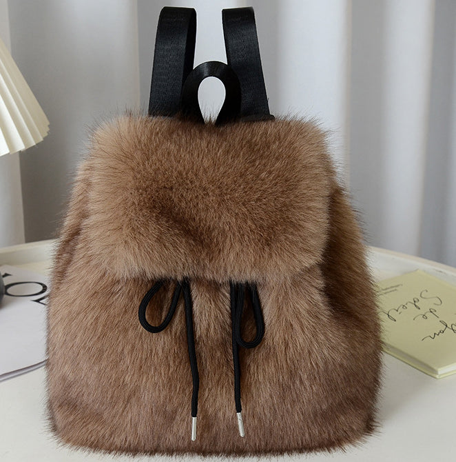 Fluffy Faux Fur Mini Flap Backpack - DPkhaki