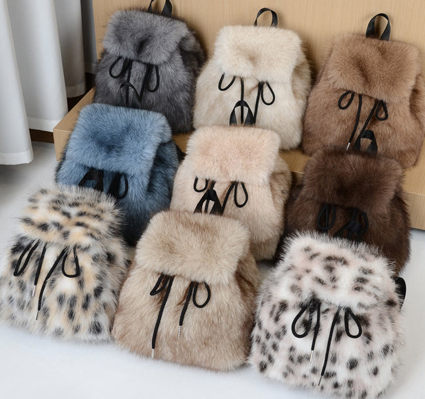 Fluffy Faux Fur Mini Flap Backpack - Dkhaki