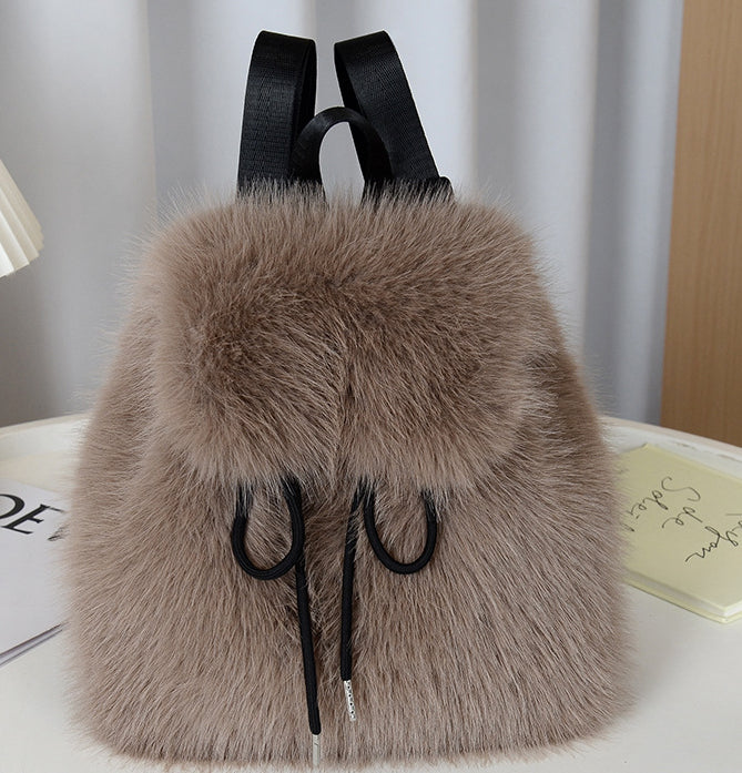 Fluffy Faux Fur Mini Flap Backpack - Dkhaki - 1