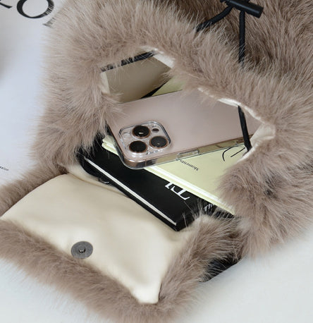 Fluffy Faux Fur Mini Flap Backpack - Dkhaki - 3