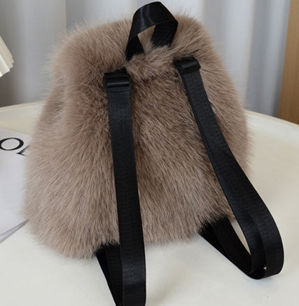 Fluffy Faux Fur Mini Flap Backpack - Dkhaki - 4