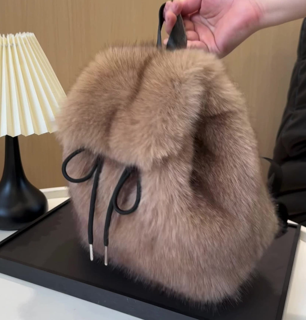 Fluffy Faux Fur Mini Flap Backpack - Dkhaki - 5