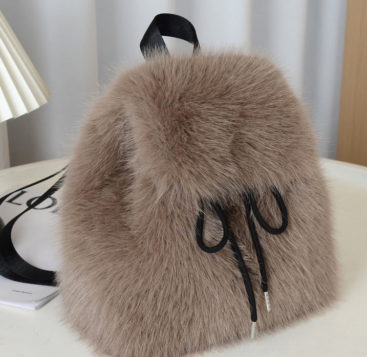 Fluffy Faux Fur Mini Flap Backpack - Dkhaki - 6