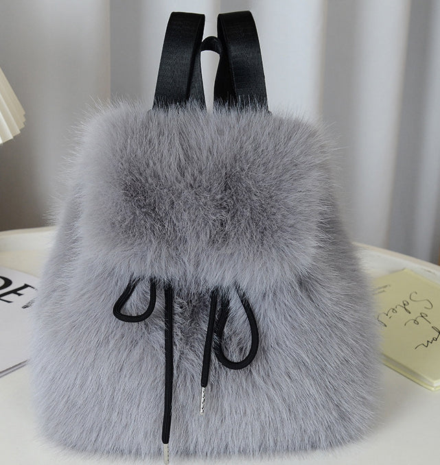 Fluffy Faux Fur Mini Flap Backpack - Grey