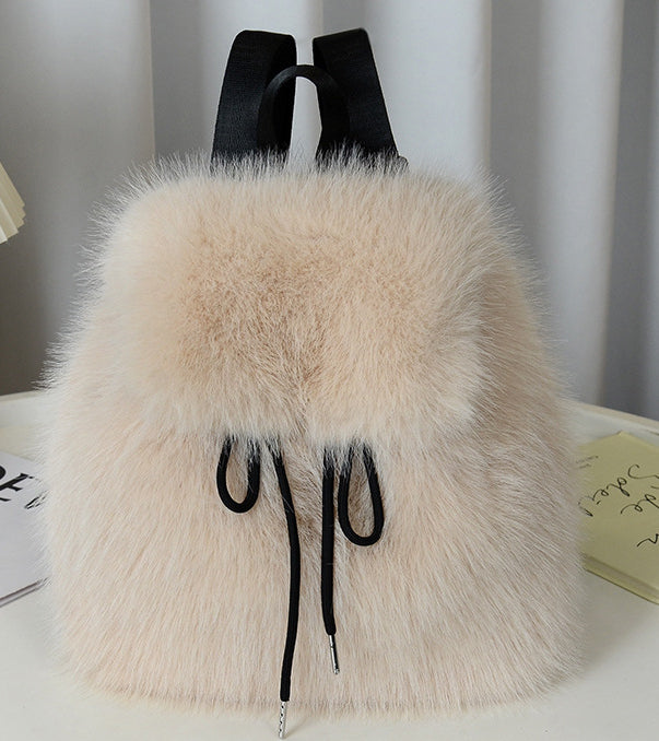 Fluffy Faux Fur Mini Flap Backpack - Khaki