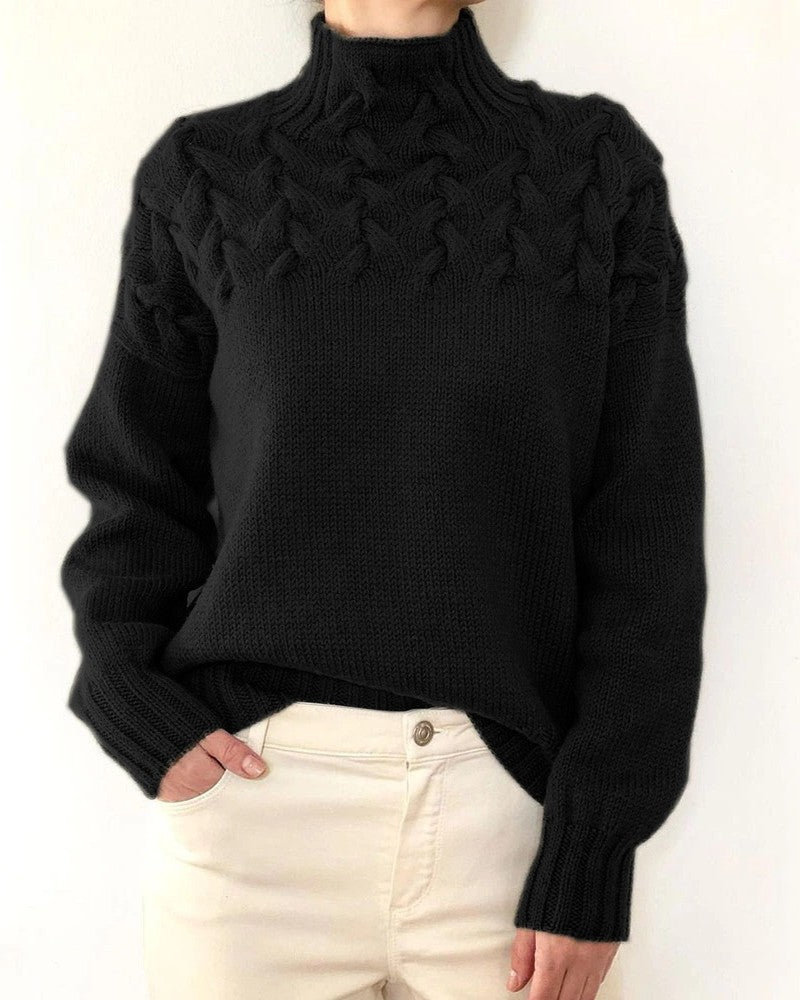 Leaf Cable Knit Mock Neck Sweater - Black