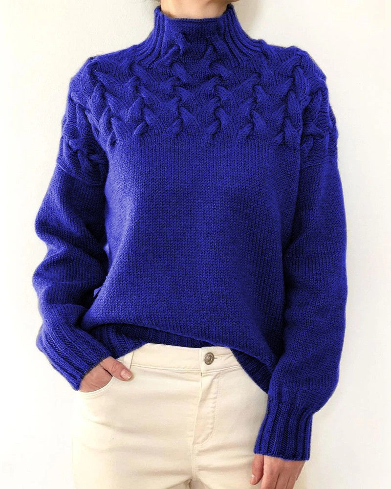 Leaf Cable Knit Mock Neck Sweater - Blue