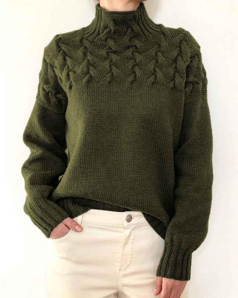 Leaf Cable Knit Mock Neck Sweater - Dark-Green