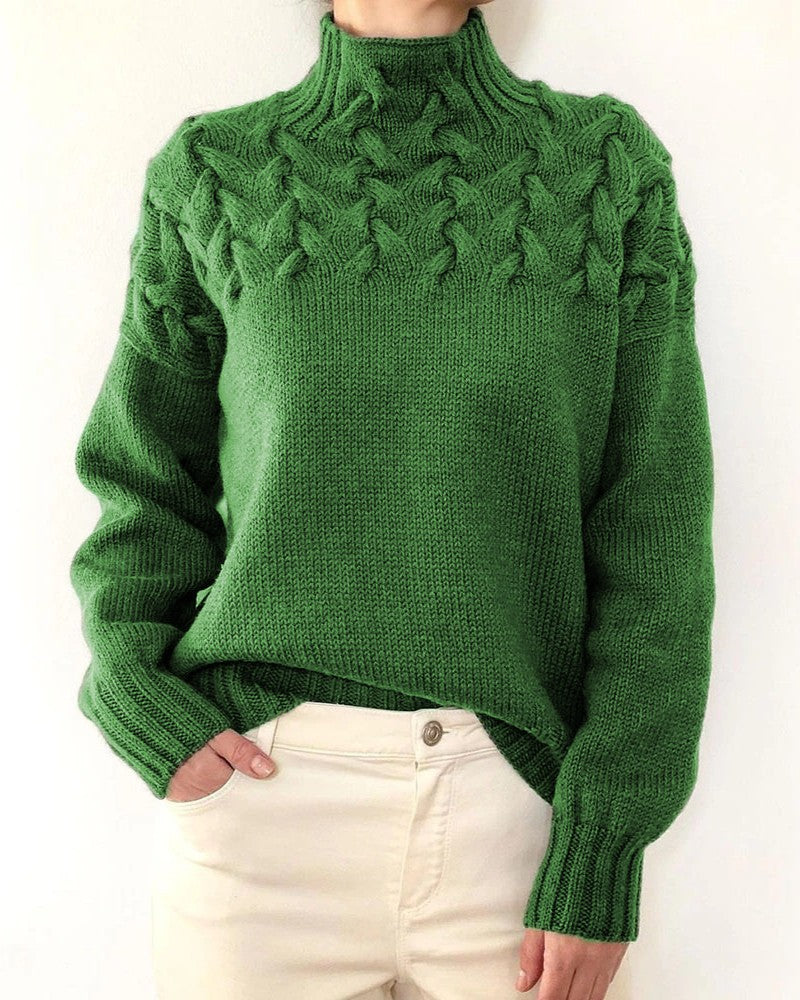 Leaf Cable Knit Mock Neck Sweater - Green