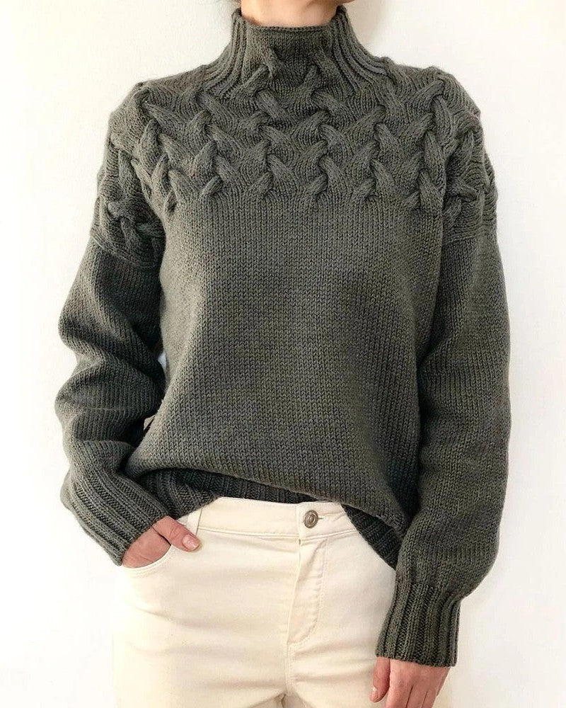 Leaf Cable Knit Mock Neck Sweater - Grey