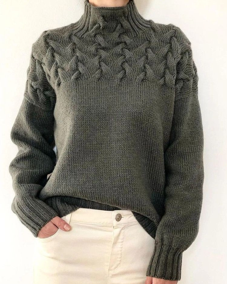 Leaf Cable Knit Mock Neck Sweater - Grey - 1