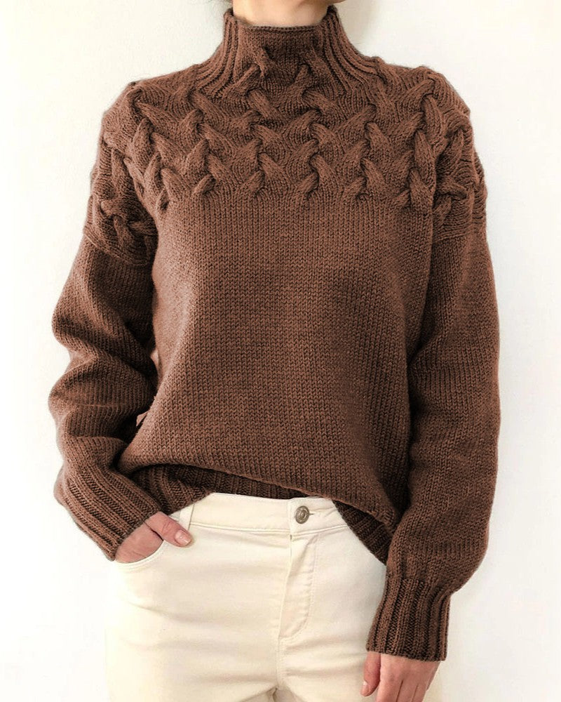 Leaf Cable Knit Mock Neck Sweater - Khaki