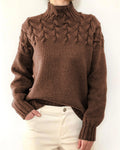 Leaf Cable Knit Mock Neck Sweater - Khaki