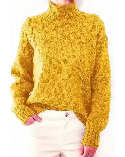 Leaf Cable Knit Mock Neck Sweater - LemonYellow