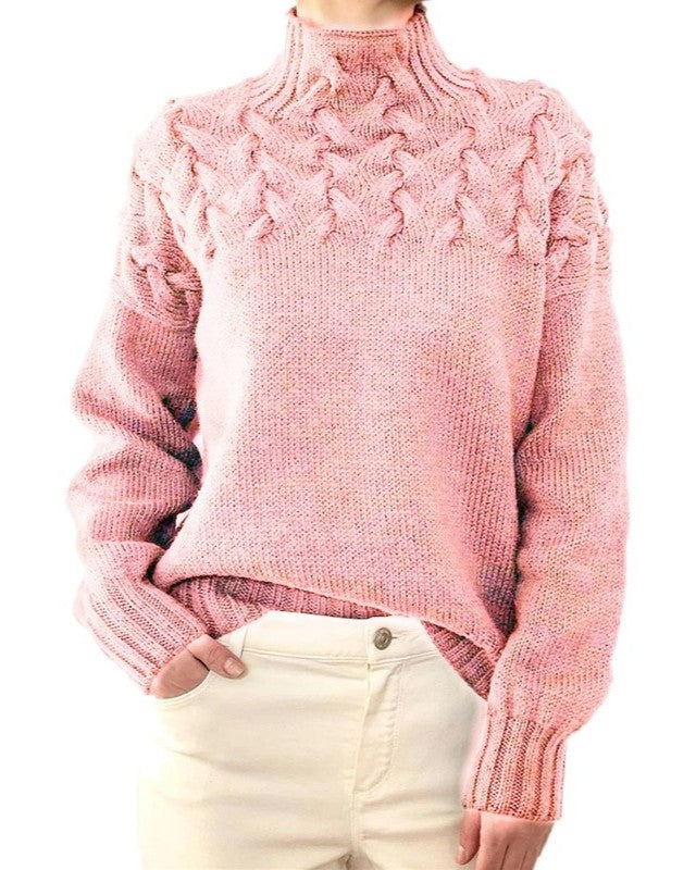 Leaf Cable Knit Mock Neck Sweater - Pink