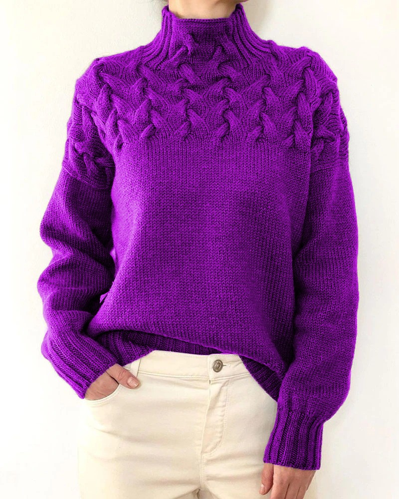 Leaf Cable Knit Mock Neck Sweater - Purple
