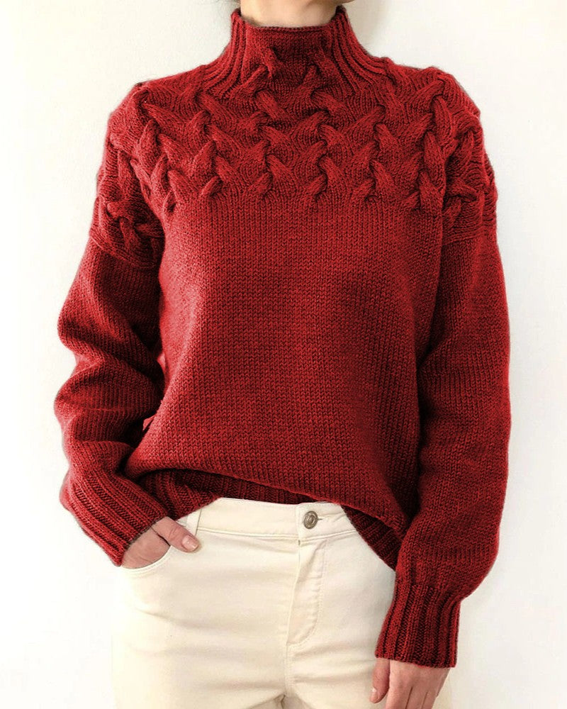 Leaf Cable Knit Mock Neck Sweater - Red