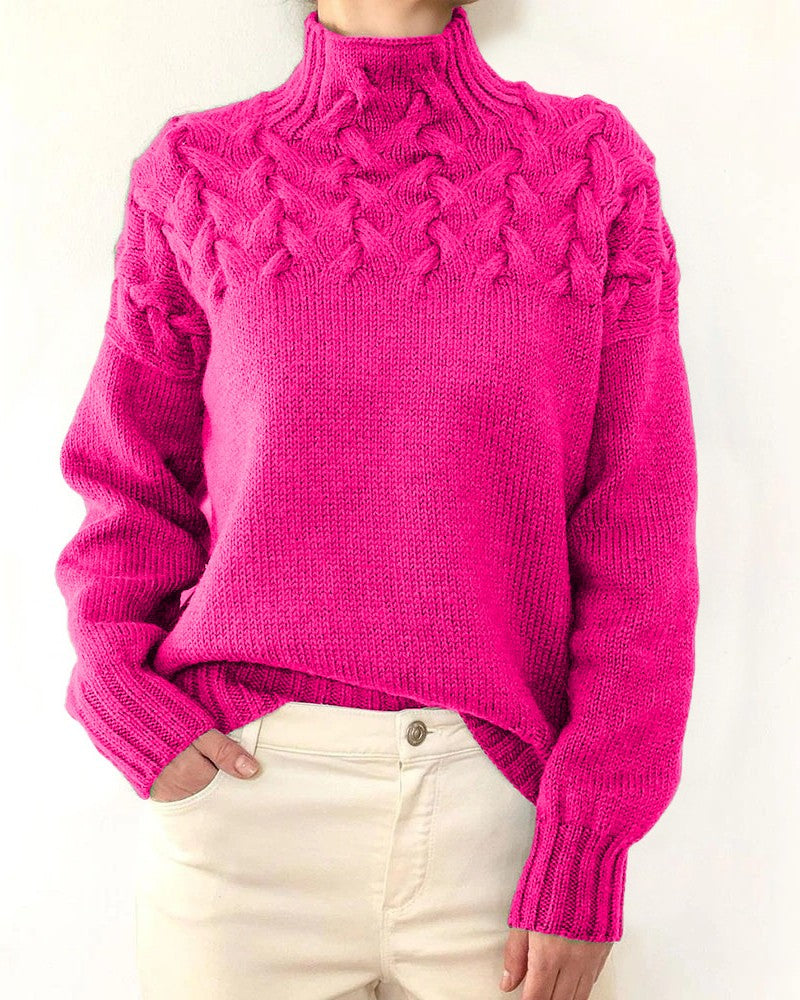Leaf Cable Knit Mock Neck Sweater - Rose-Red
