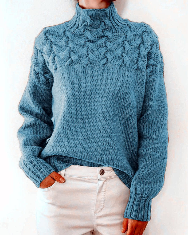 Leaf Cable Knit Mock Neck Sweater - Sky-Blue